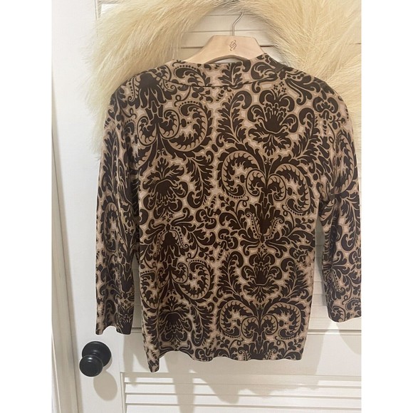 Talbots Blouse Size Large Womens Multicolor Silk Long Sleeve BROWN V Neck Tie - Picture 3 of 6